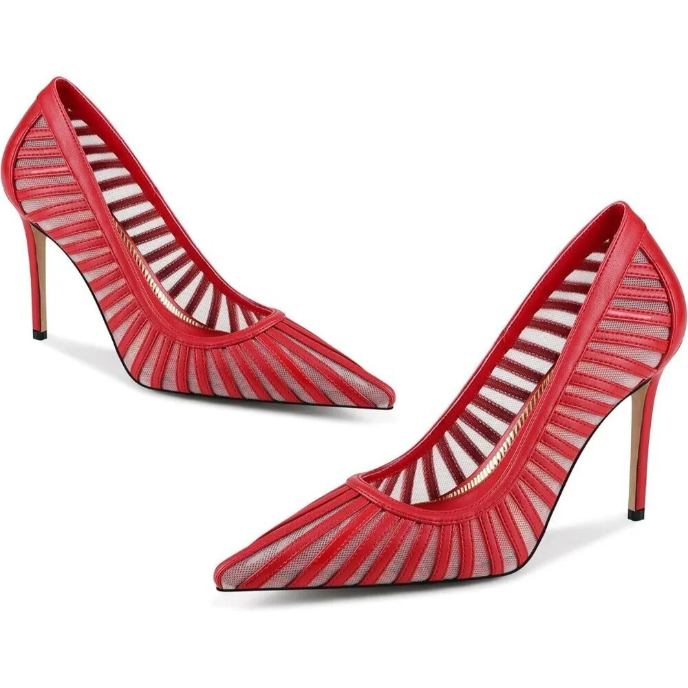 Women's Red Pumps Pointed Toe Heels Closed Toe Mesh Pumps High Stiletto Heel